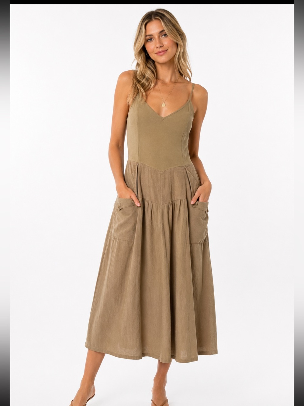 Free People tan  utility pocket midi dress boho linen blend . M